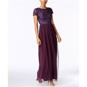 Adrianna Papell Sequined Tulle A-Line Evening Gown - Purple/Currant (Size 14)